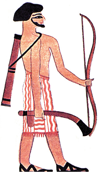  Ханаанский воин, изображенный на стене могилы Бени Хассана (Beni Hassan) держит композитный лук (называемый «ша-на-ну-ма» на ханаанской), который был использован в качестве модели для протосинайской буквы «Ш» (“SH”) (см. предпоследний столбец на рисунке СХЕМА РАЗВИТИЯ АЛФАВИТА)