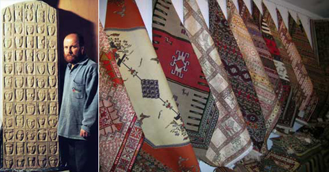 Мустафа Али (на снимке слева) полагает, что живопись, раскопанная в Джаде аль-Мухара, похожа на орнаменты на восточных ковриках (на снимке справа — ковры из иранского магазина килимов). Это утверждение, как видите, мягко говоря, неочевидное (фото с сайтов mostafali.com и imx.ir).